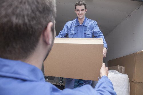 Office furniture and equipment being prepared for a Notting Hill commercial move